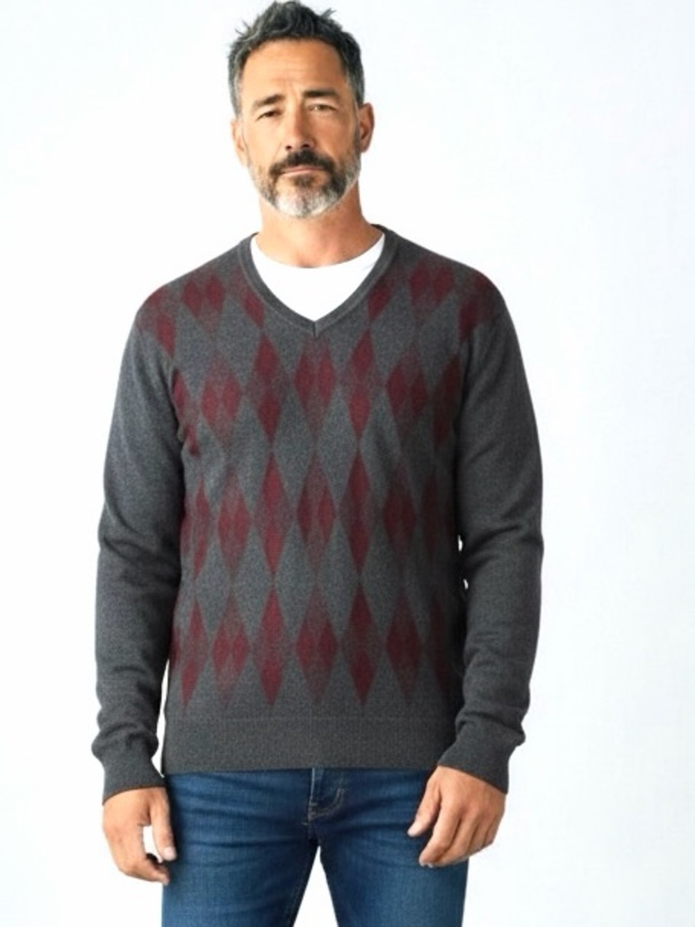 NWT J. Ferrar V-neck Sweater Gray Burgundy Argyle Pullover Cotton Cashmere L
